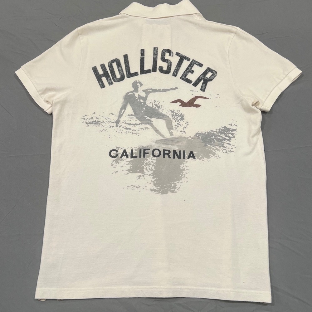 Hollister California Mens XL White Surfer Graphic Pique Polo Shirt Vintage Style